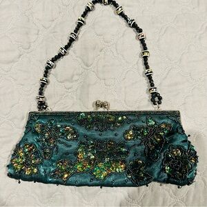 Bisou-Bisou Teal Beaded Evening Clutch with Sequin Embellishment